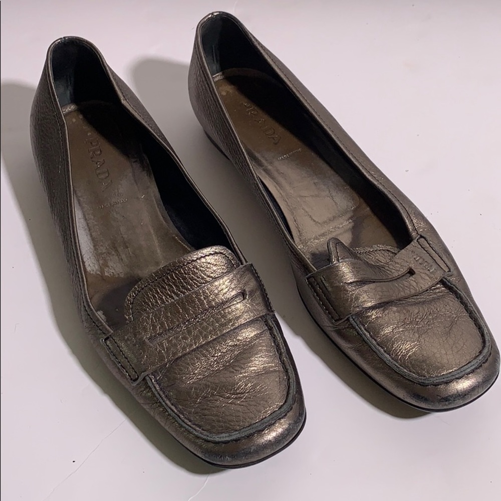 Prada moccasins  Grey metálic gold